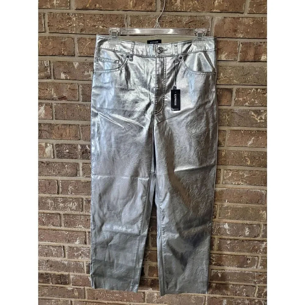 NWT Express High Waisted Silver Feaux Leather Straight Leg Pants, Women's 8